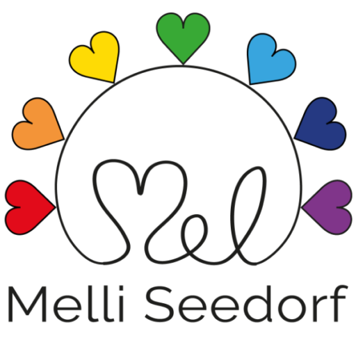 Logo von Melli Seedorf, www_melli-seedorf_de, Halbkreis mit Regenbogen aus Herzen