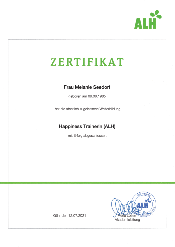 Zertifikat Melli Seedorf, ALH Happiness Trainerin