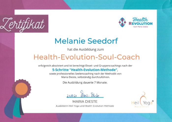Zertifikat Melli Seedorf, Health-Evolution-Soul-Coach