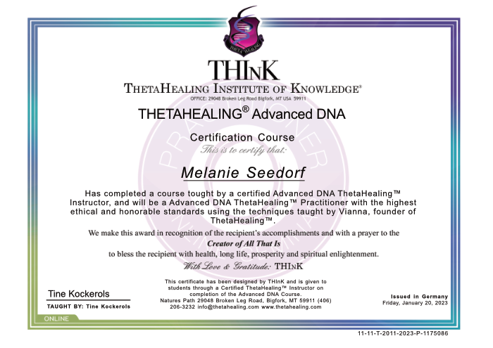 Zertifikat Melli Seedorf, ThetaHealing, Advanced DNA