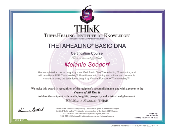 Zertifikat Melli Seedorf, ThetaHealing, Basis DNA