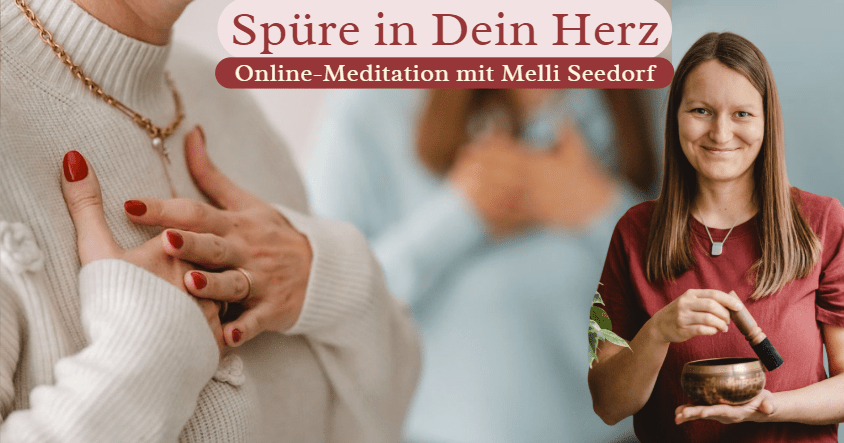 melli seedorf als meditationsleiterin mit klangschale in der hand, daneben eine frau, die sich sanft die hände auf ihr herz hält